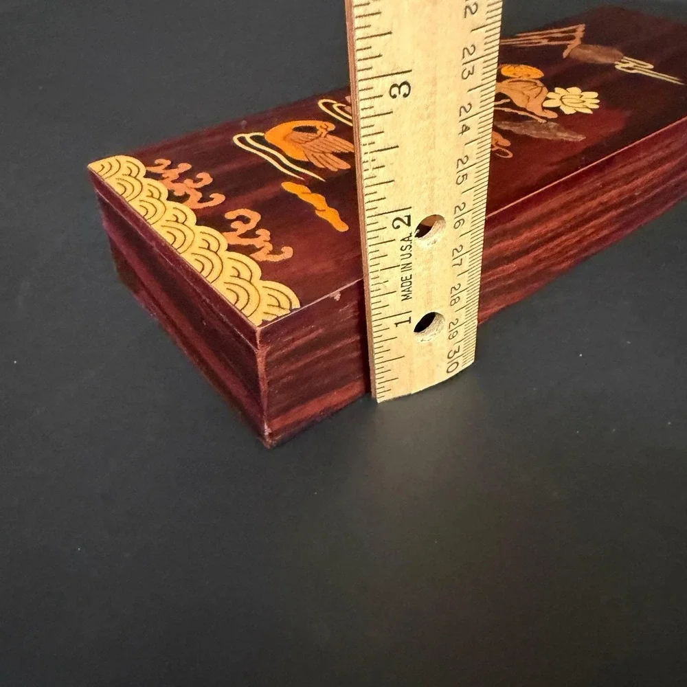 Vintage Korean Inlay Wood Box KICAC‎ Duck/Crane Marquetry Red Velvet RARE